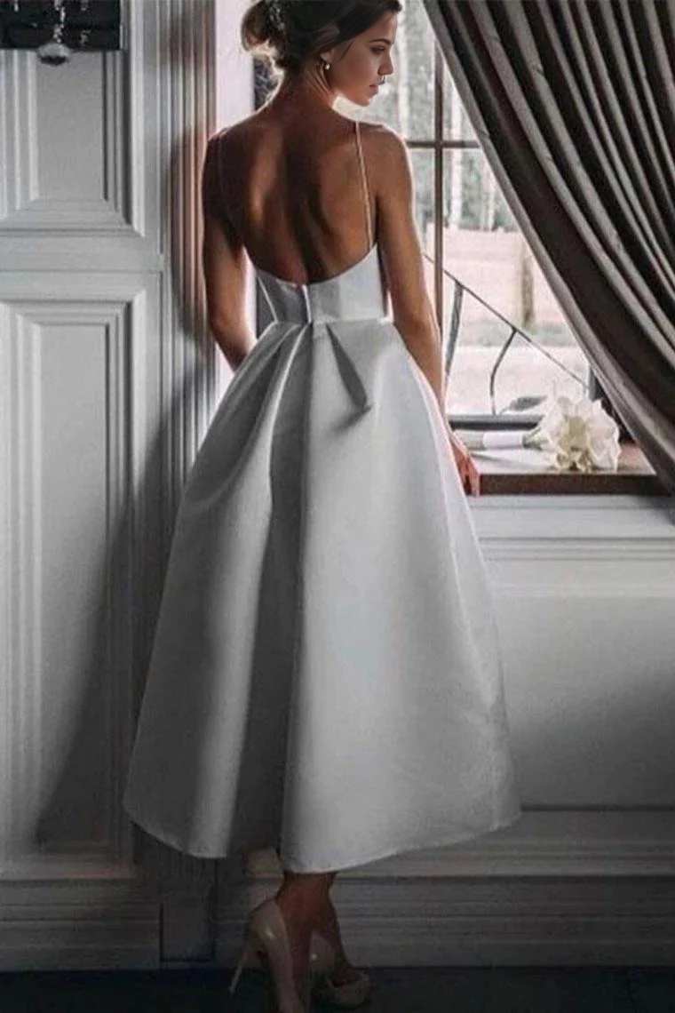 Vestido de fiesta de satén con tirantes finos, corte A, espalda descubierta, largo hasta la rodilla, vestido formal de noche, vestidos de graduación